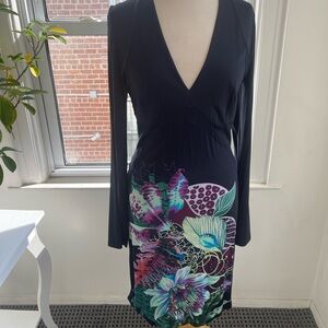 Roberto Cavalli dark navy and Purple Floral Long Sleeve Dress with lining